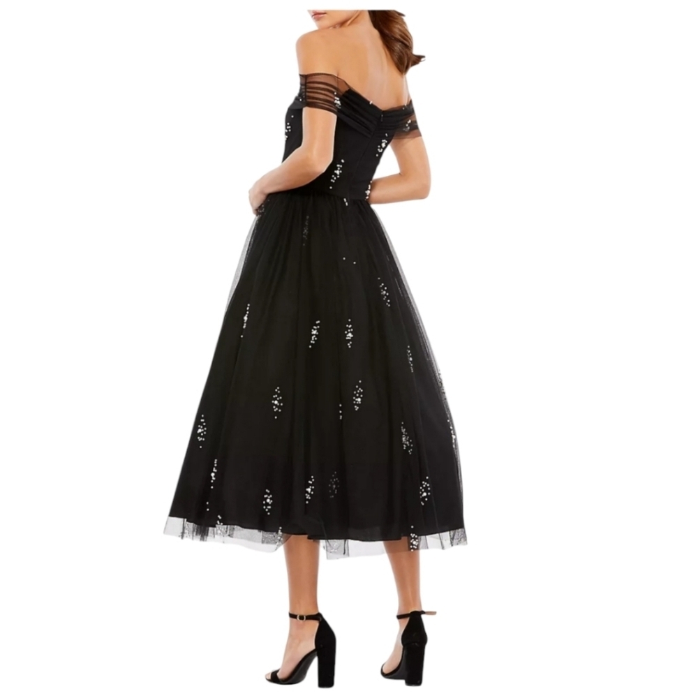 NWT Mac Duggal Black Embellised Tull Off The Shoulder Midi Dress Sz 2 - Picture 2 of 13